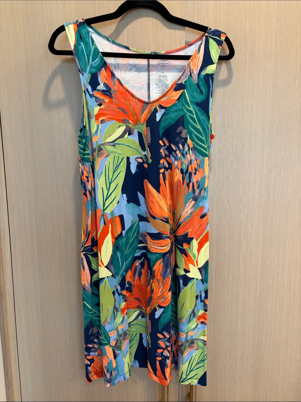 St. John's Bay Navy Floral Midi Dress with Bright Orange and Green Leaves